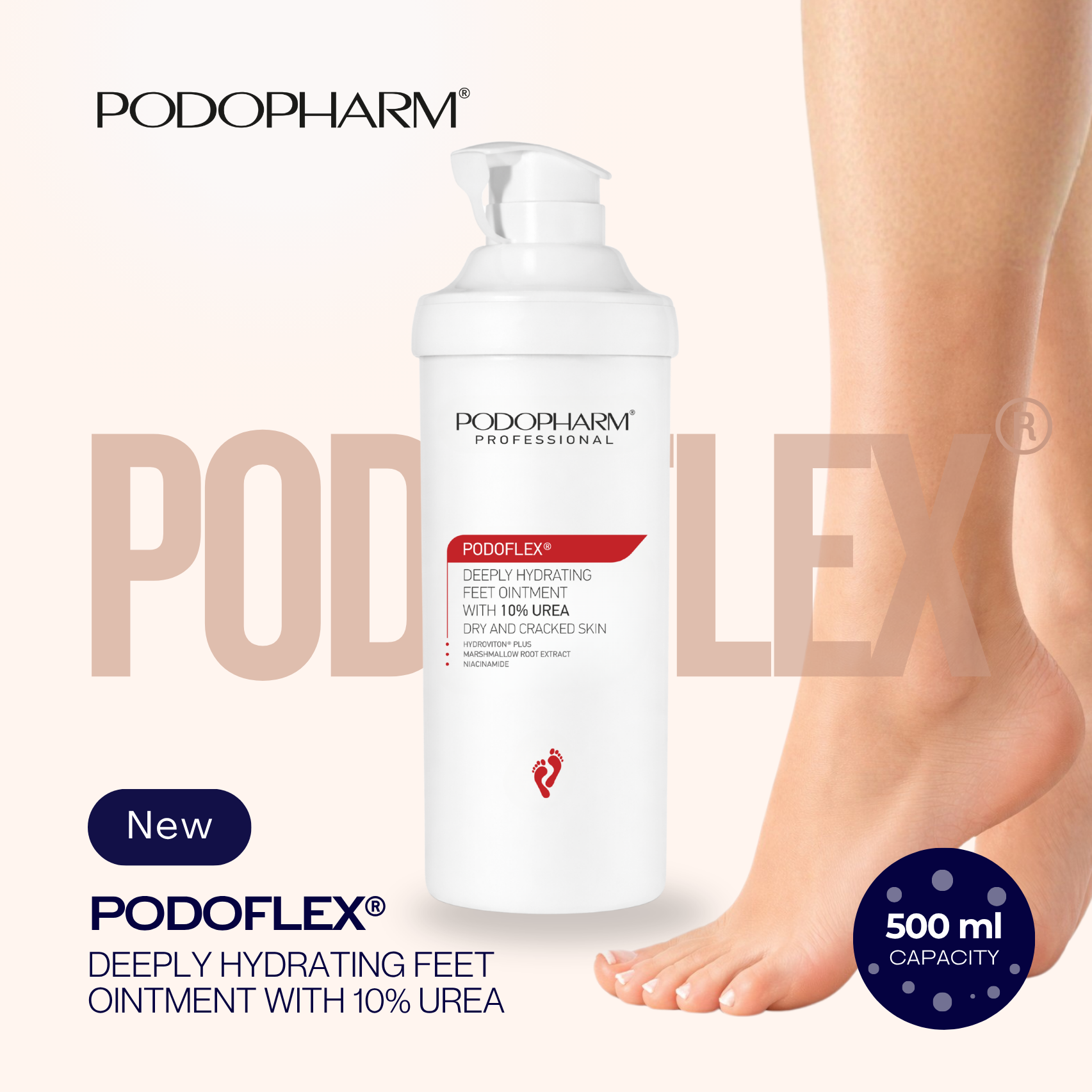 PODOPHARM, diepe hydraterende voetcrème met 10 % ureum, 500 ml met pomp. - Afbeelding 2